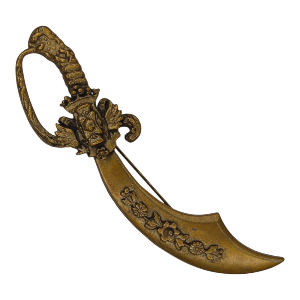 Vintage Scimitar Sword Brooch Pin Gold Tone Floral Ornate Medieval Costume